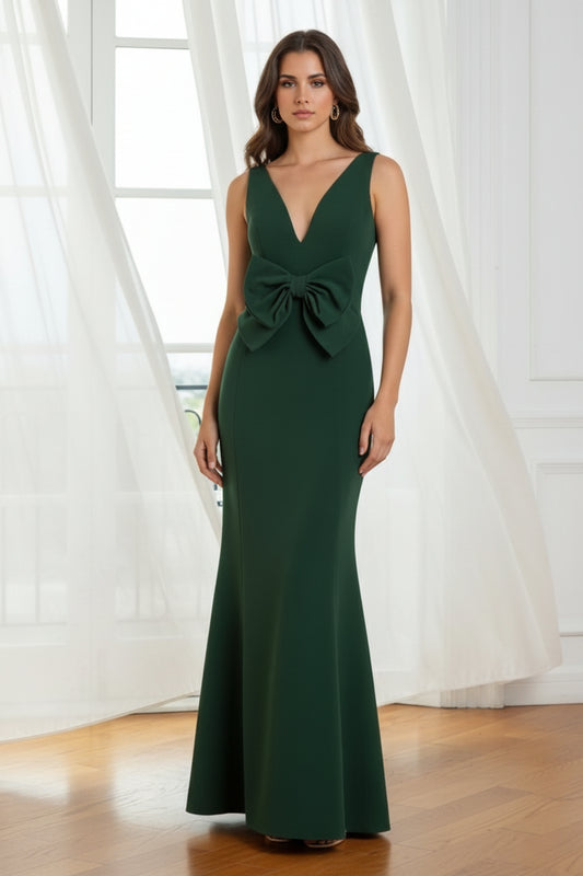 V-Neck Stretch Satin Evening Dresses Floor-Length Bowknot Party Dresses