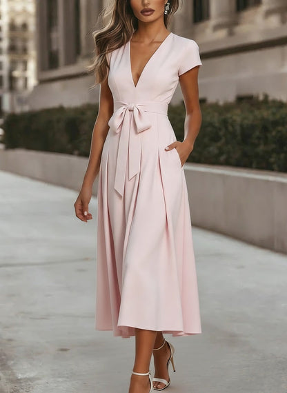 V-Neck Stretch Satin Cocktail Dresses Knot Bow Formal Dress
