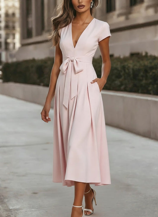 V-Neck Stretch Satin Cocktail Dresses Knot Bow Formal Dress