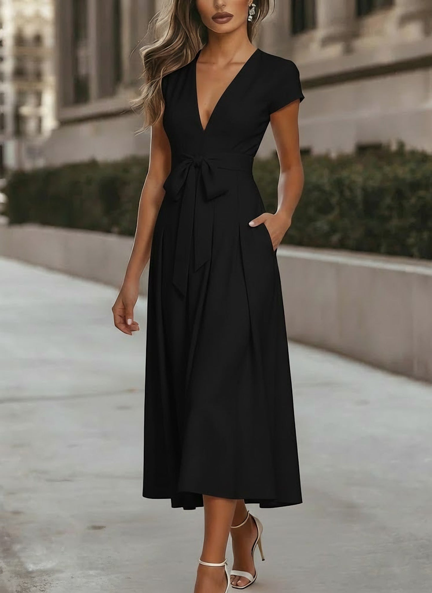 V-Neck Stretch Satin Cocktail Dresses Knot Bow Formal Dress