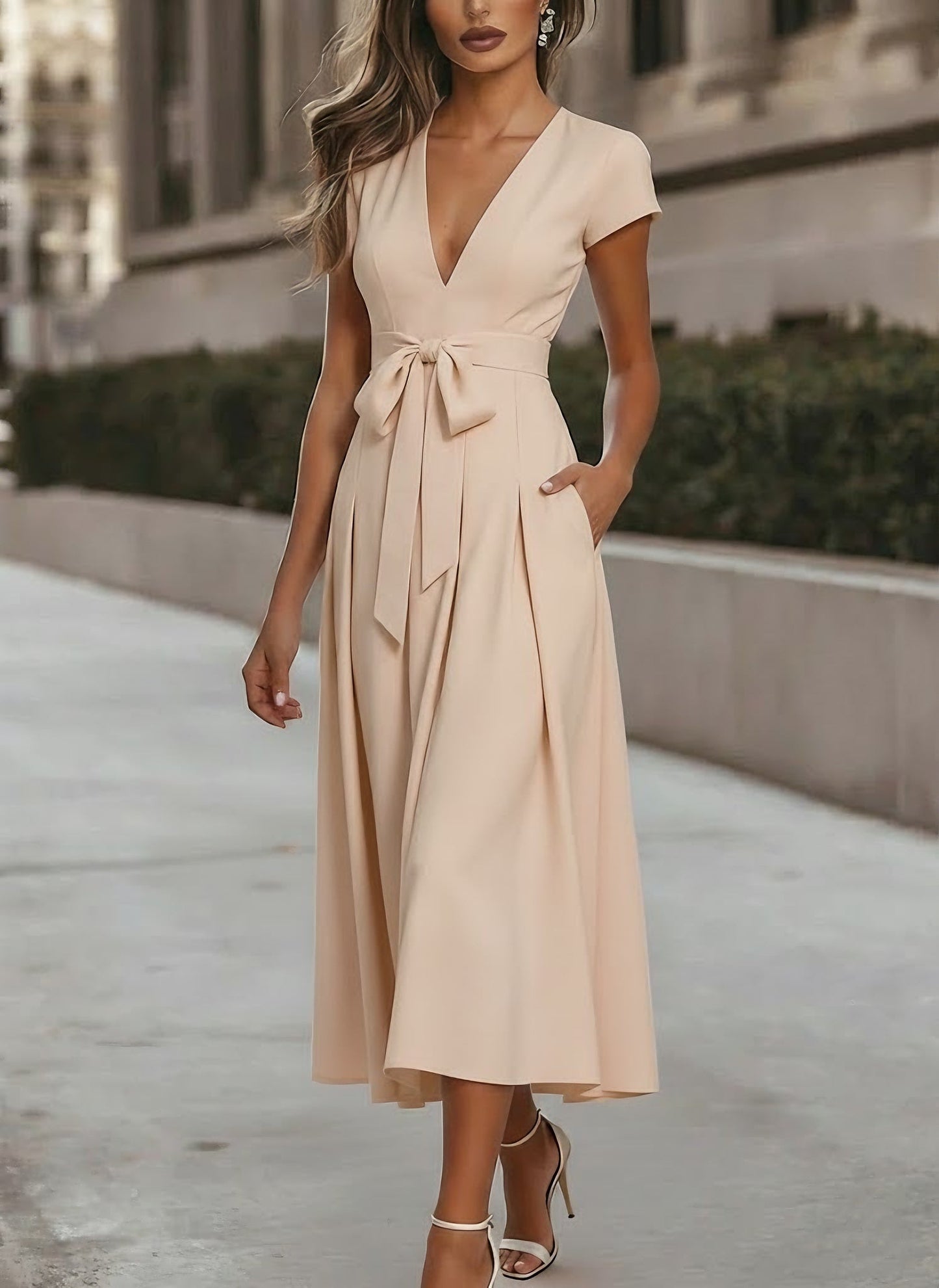 V-Neck Stretch Satin Cocktail Dresses Knot Bow Formal Dress