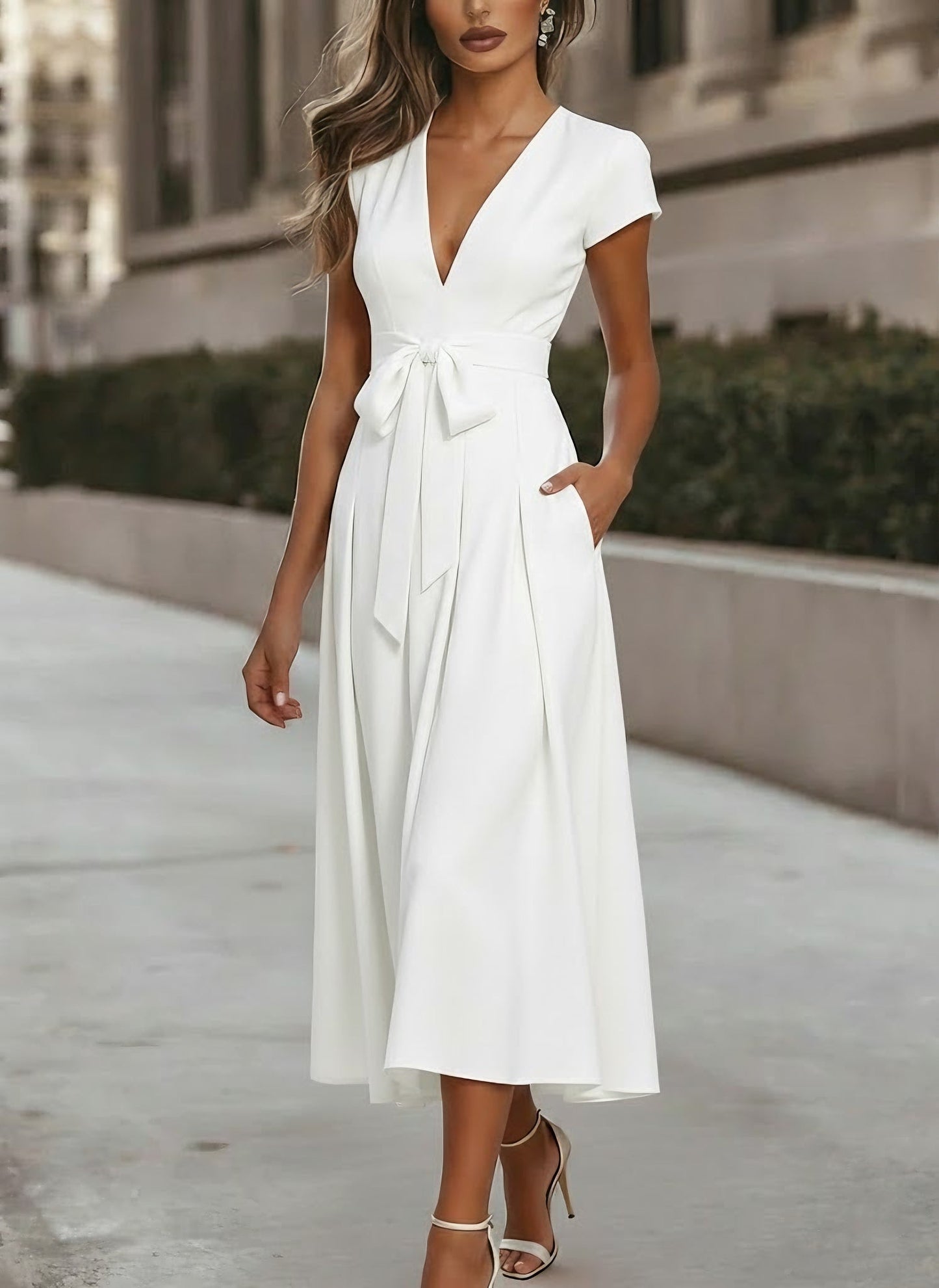 V-Neck Stretch Satin Cocktail Dresses Knot Bow Formal Dress