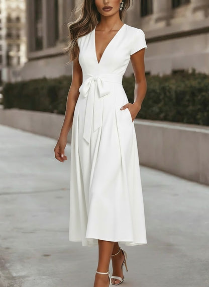 V-Neck Stretch Satin Cocktail Dresses Knot Bow Formal Dress
