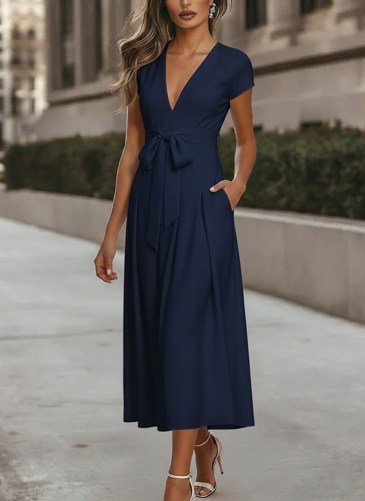 V-Neck Stretch Satin Cocktail Dresses Knot Bow Formal Dress