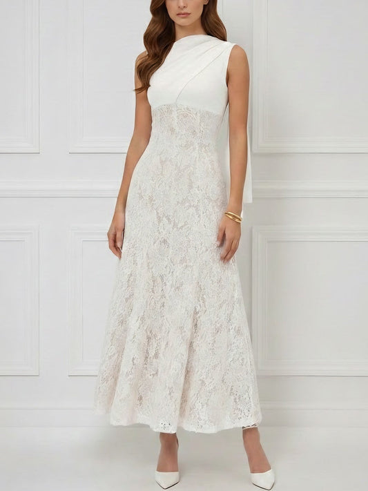 Scoop Stretch Satin Cocktail Dresses Lace Formal Dress