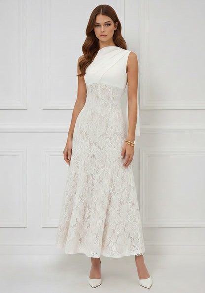 Scoop Stretch Satin Cocktail Dresses Lace Formal Dress