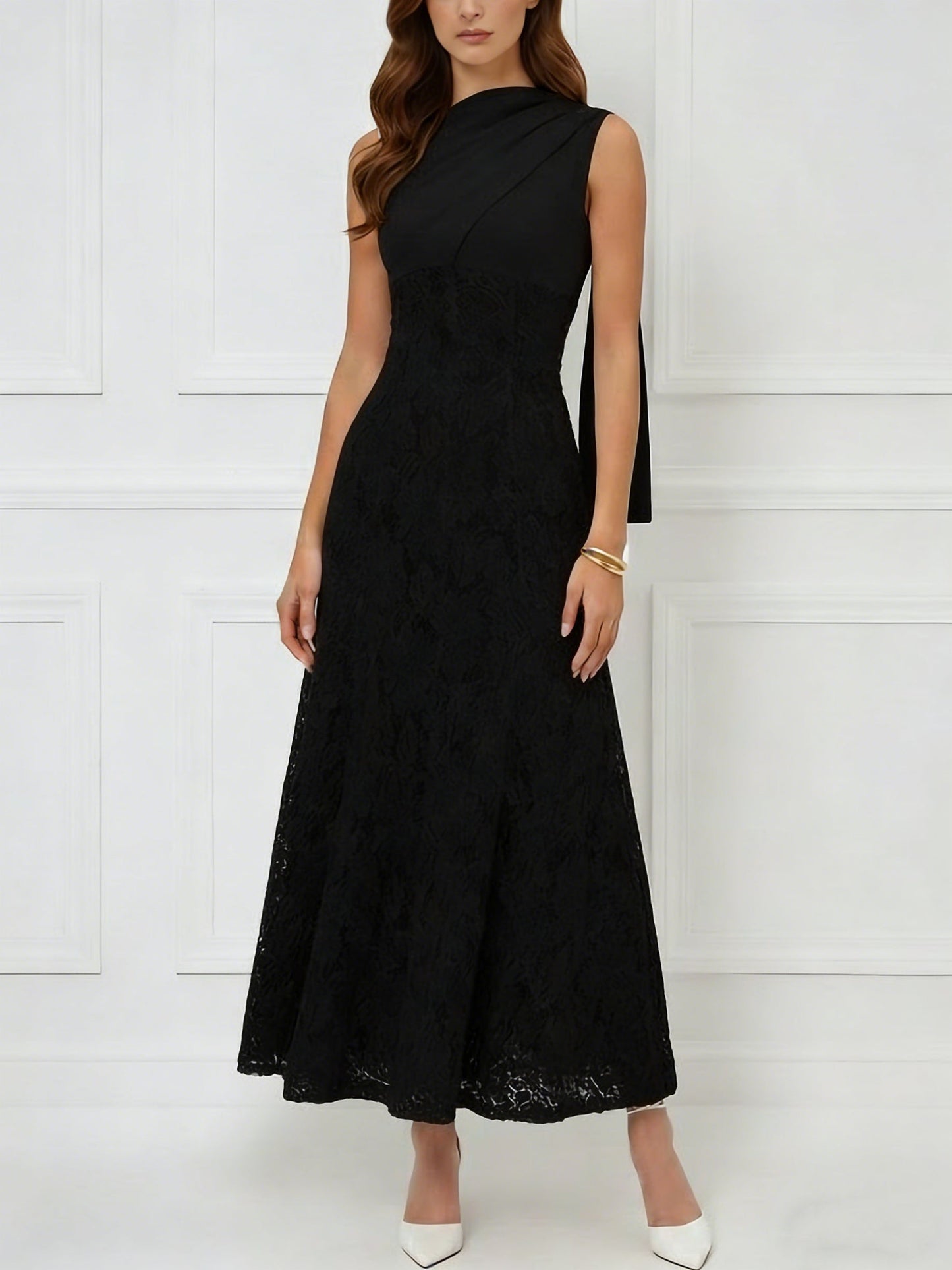 Scoop Stretch Satin Cocktail Dresses Lace Formal Dress