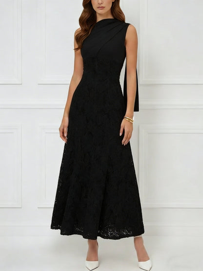 Scoop Stretch Satin Cocktail Dresses Lace Formal Dress
