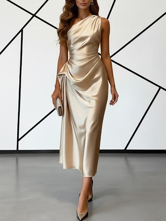 One-Shoulder Silk Satin Cocktail Dresses Sleeveless Tea-Length Ruched Dresses