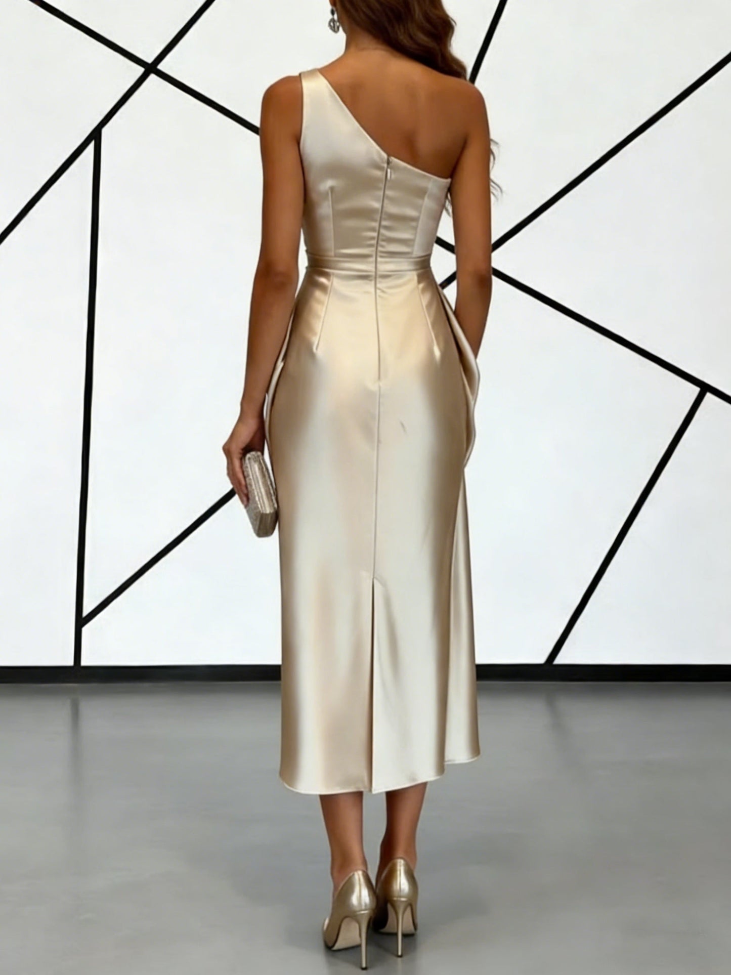 One-Shoulder Silk Satin Cocktail Dresses Sleeveless Tea-Length Ruched Dresses