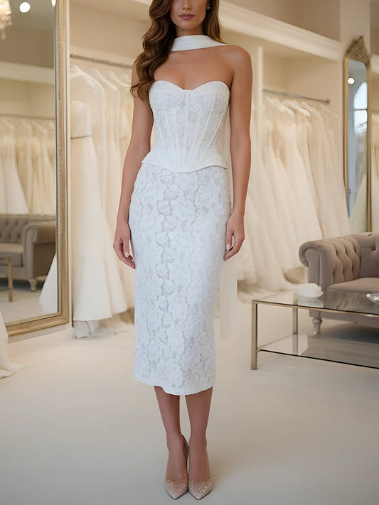 Strapless Lace Cocktail Dresses with Neck Scarf Tea-Length Formal Dresses