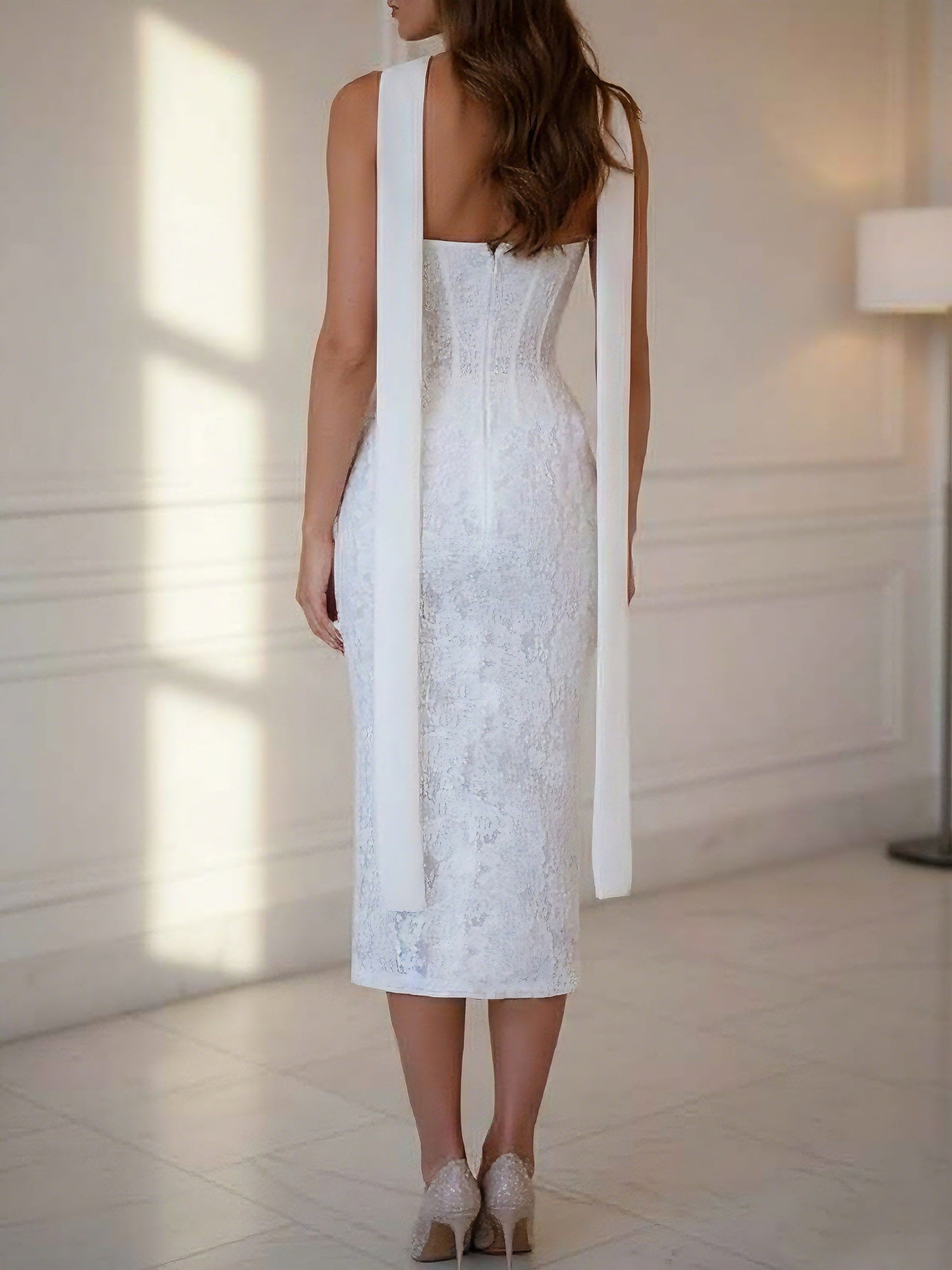 Strapless Lace Cocktail Dresses with Neck Scarf Tea-Length Formal Dresses