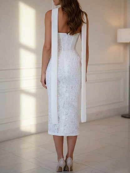 Strapless Lace Cocktail Dresses with Neck Scarf Tea-Length Formal Dresses