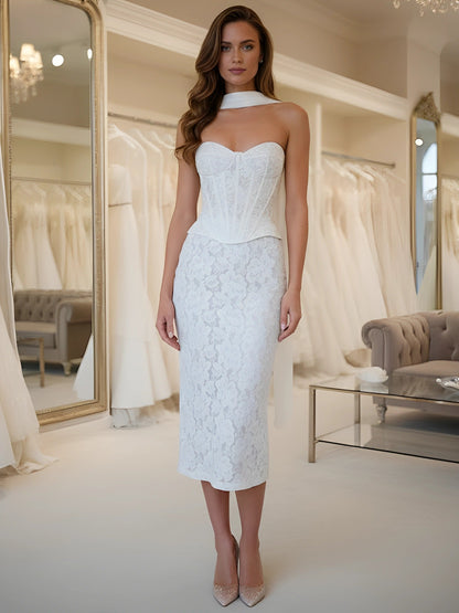 Strapless Lace Cocktail Dresses with Neck Scarf Tea-Length Formal Dresses