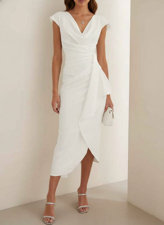 V-Neck Stretch Satin Cocktail Dresses Tea-Length Sleeveless Ruffles Dress