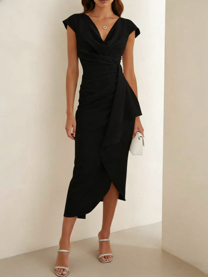 V-Neck Stretch Satin Cocktail Dresses Tea-Length Sleeveless Ruffles Dress