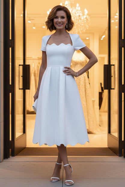 Square Neck Stretch Satin Cocktail Dresses Tea-Length Pleated Formal Dresses