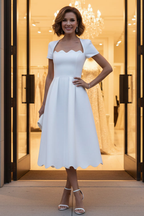 Square Neck Stretch Satin Cocktail Dresses Tea-Length Pleated Formal Dresses
