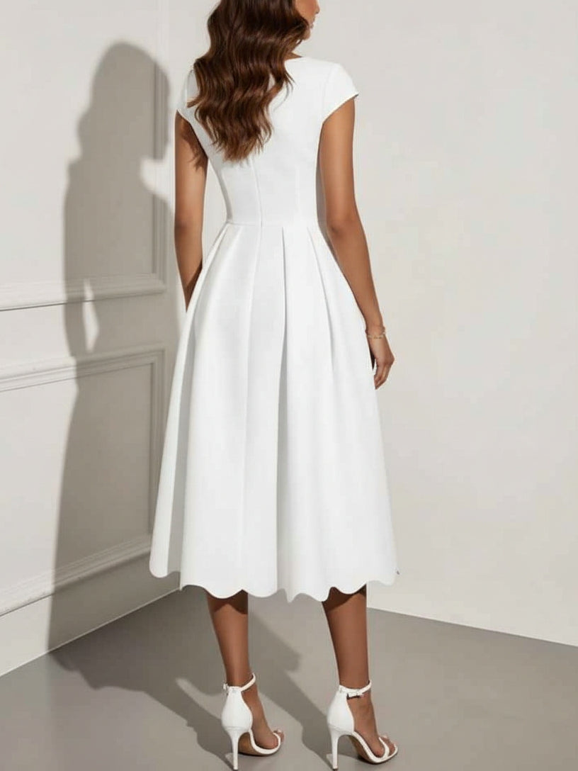 Square Neck Stretch Satin Cocktail Dresses Tea-Length Pleated Formal Dresses