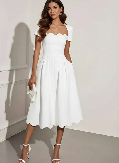 Square Neck Stretch Satin Cocktail Dresses Tea-Length Pleated Formal Dresses