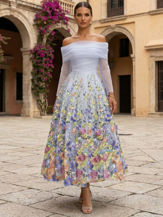 Floral A-Line Off-the-Shoulder Cocktail Dresses Long Sleeves Dresses