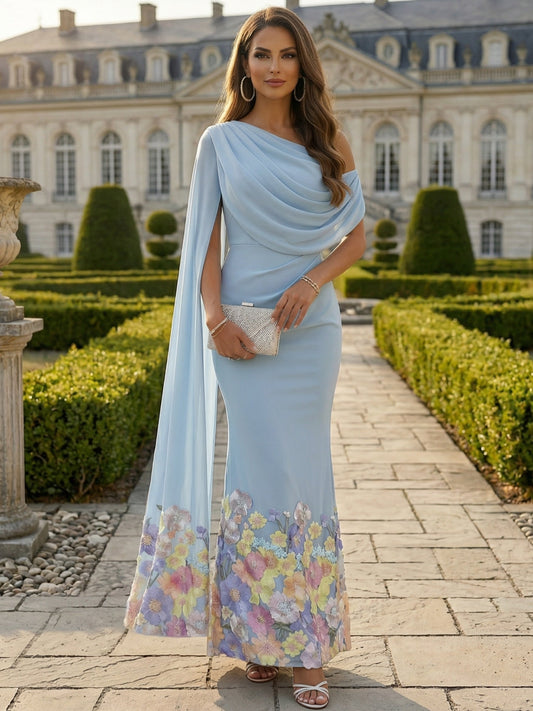 One-Shoulder Chiffon Cocktail Dresses Ankle-Length Floral  Dresses