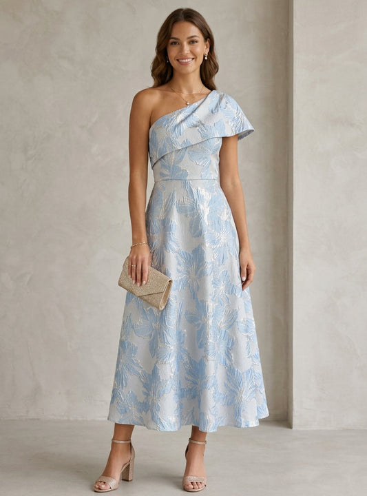 Floral One-Shoulder Jacquard Cocktail Dresses Tea-Length Formal Dresses