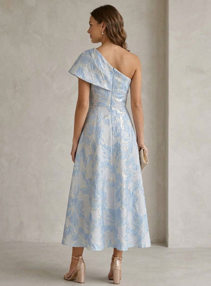 Floral One-Shoulder Jacquard Cocktail Dresses Tea-Length Formal Dresses