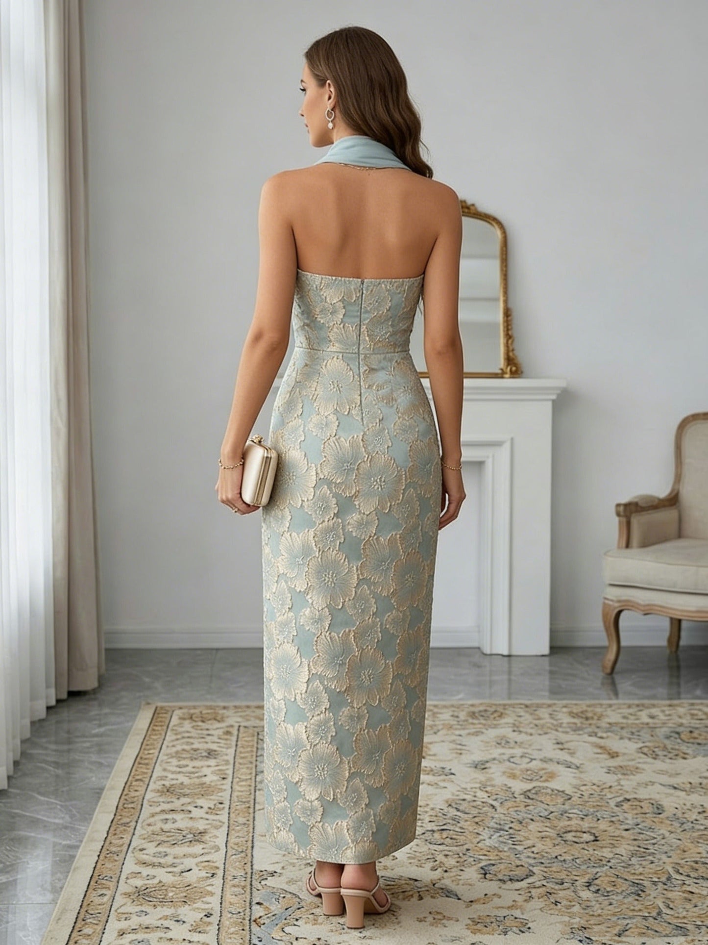 Sleeveless Cocktail Dresses with Scarf Ankle-Length Floral Formal Dresses