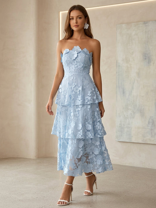 Lace Cocktail Dresses Tea-Length Sleeveless Ruffles Floral Dresses