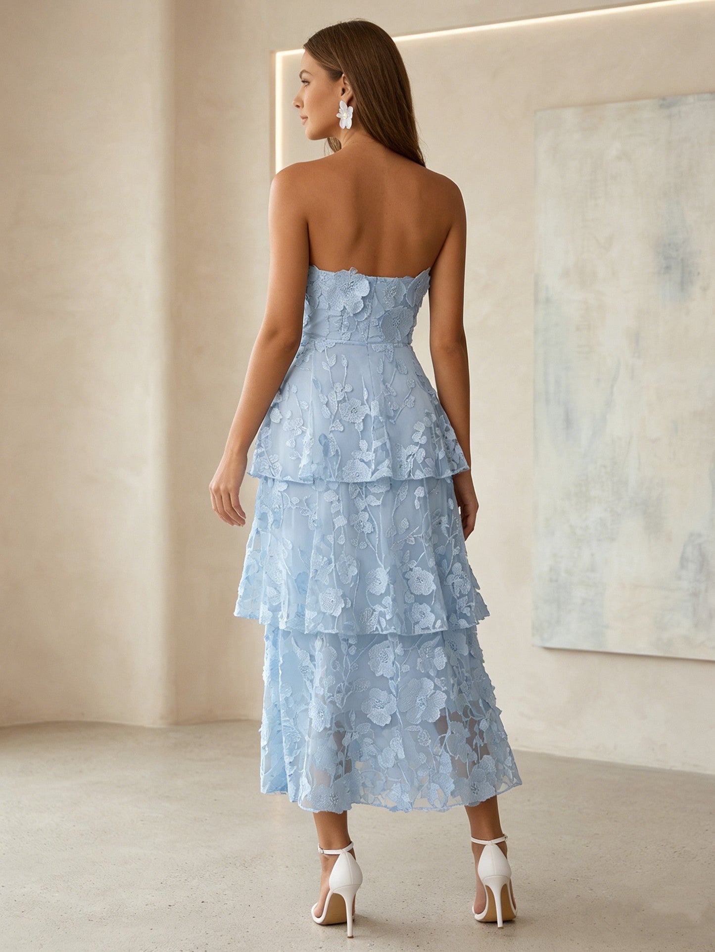 Lace Cocktail Dresses Tea-Length Sleeveless Ruffles Floral Dresses