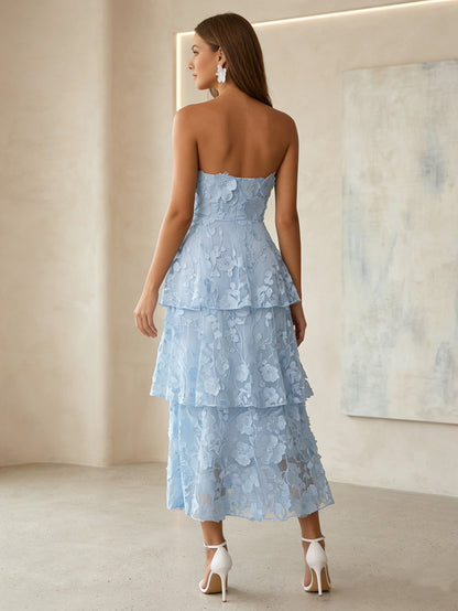 Lace Cocktail Dresses Tea-Length Sleeveless Ruffles Floral Dresses