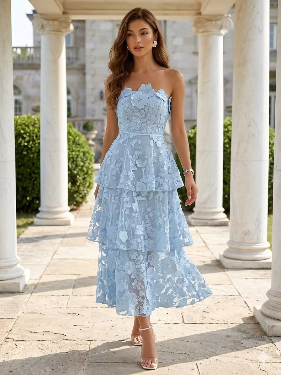 Lace Cocktail Dresses Tea-Length Sleeveless Ruffles Floral Dresses
