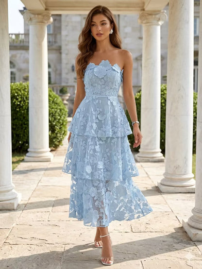 Lace Cocktail Dresses Tea-Length Sleeveless Ruffles Floral Dresses