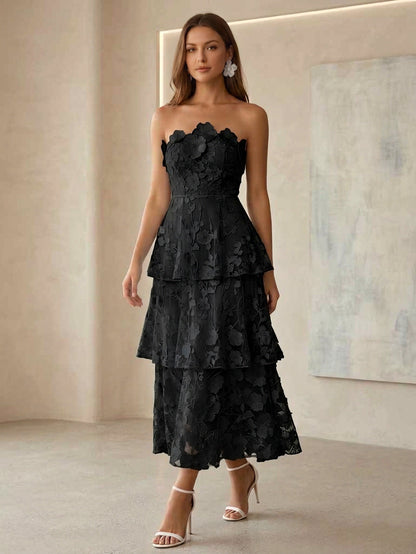Lace Cocktail Dresses Tea-Length Sleeveless Ruffles Floral Dresses