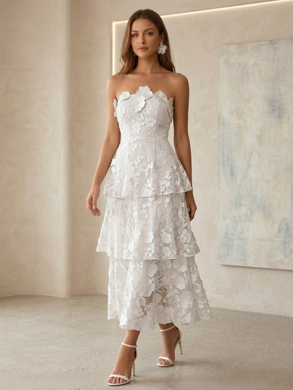 Lace Cocktail Dresses Tea-Length Sleeveless Ruffles Floral Dresses
