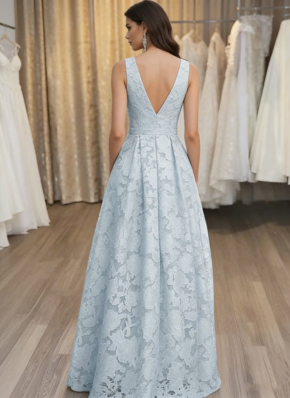 A-Line V-Neck Lace Floral Evening Dresses Floor-Length Sleeveless Party Dresses