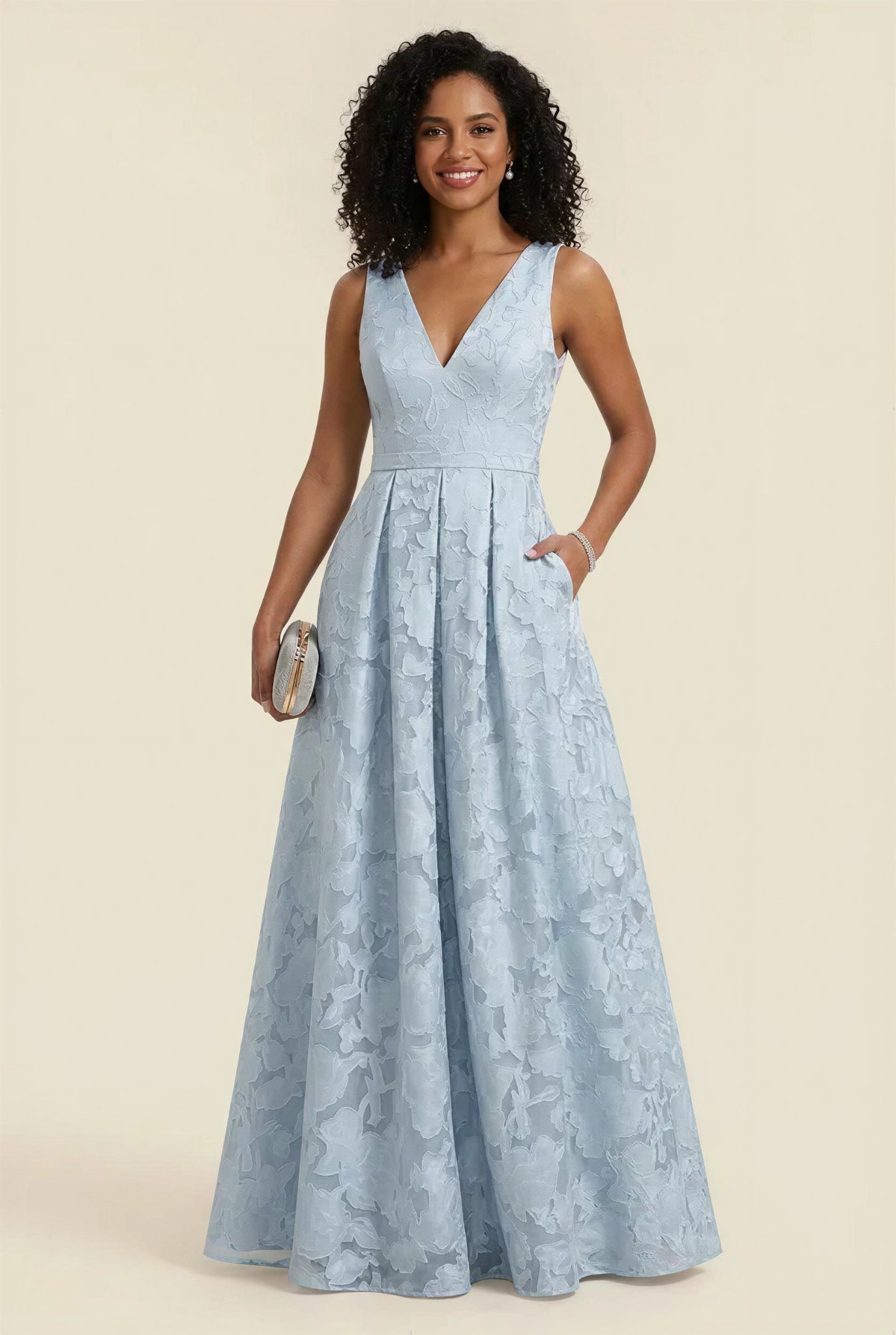 A-Line V-Neck Lace Floral Evening Dresses Floor-Length Sleeveless Party Dresses