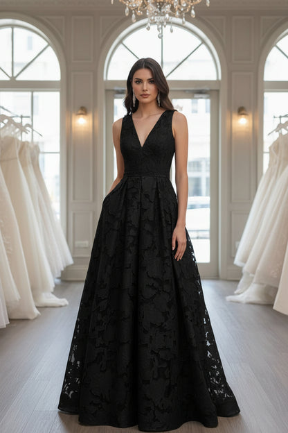 A-Line V-Neck Lace Floral Evening Dresses Floor-Length Sleeveless Party Dresses