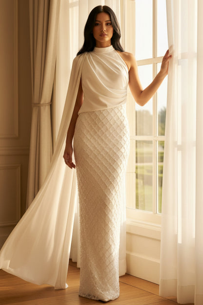 High Neck Evening Dresses Cape Sleeves Beading Sequins Party Dresses