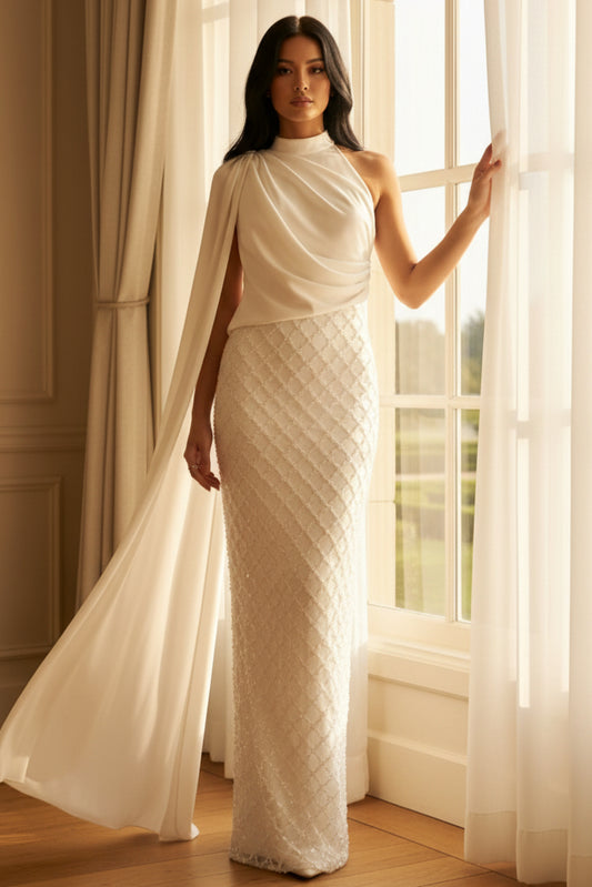 High Neck Evening Dresses Cape Sleeves Beading Sequins Party Dresses