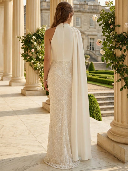 High Neck Evening Dresses Cape Sleeves Beading Sequins Party Dresses