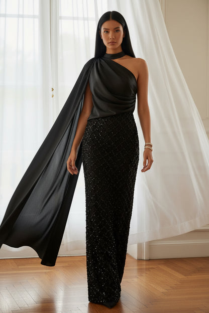 High Neck Evening Dresses Cape Sleeves Beading Sequins Party Dresses