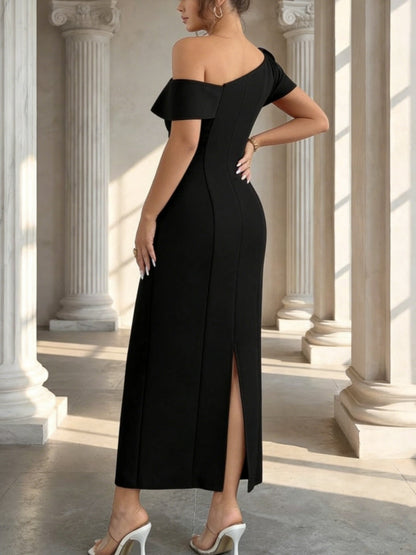One-Shoulder Stretch Satin Cocktail Dresses Tea-Length Formal Dresses