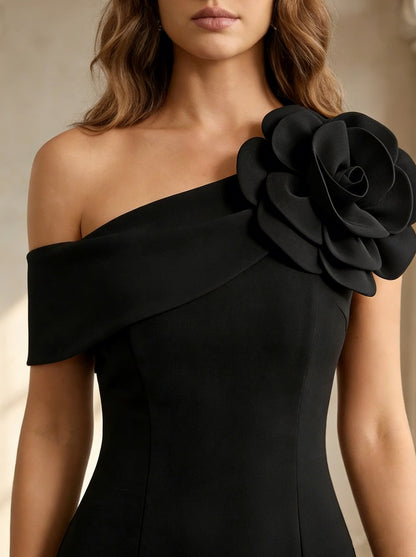 One-Shoulder Stretch Satin Cocktail Dresses Tea-Length Formal Dresses