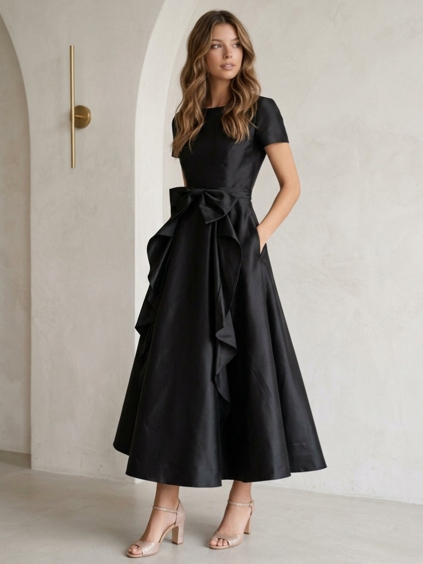 Scoop Satin Cocktail Dresses with Bowknot Short Sleeves Formal Dresses