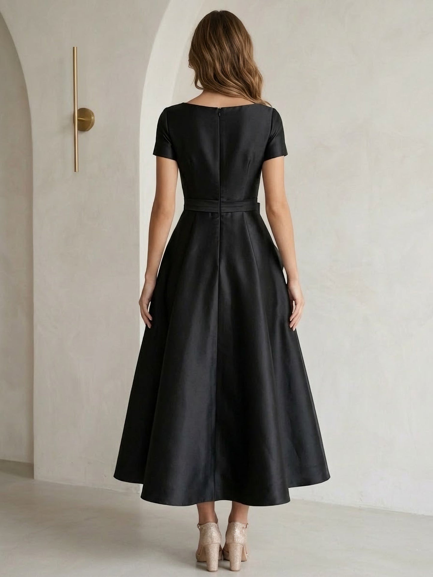 Scoop Satin Cocktail Dresses with Bowknot Short Sleeves Formal Dresses