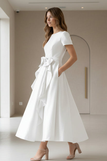 Scoop Satin Cocktail Dresses with Bowknot Short Sleeves Formal Dresses