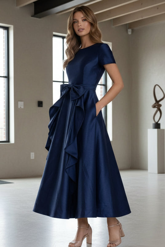 Scoop Satin Cocktail Dresses with Bowknot Short Sleeves Formal Dresses