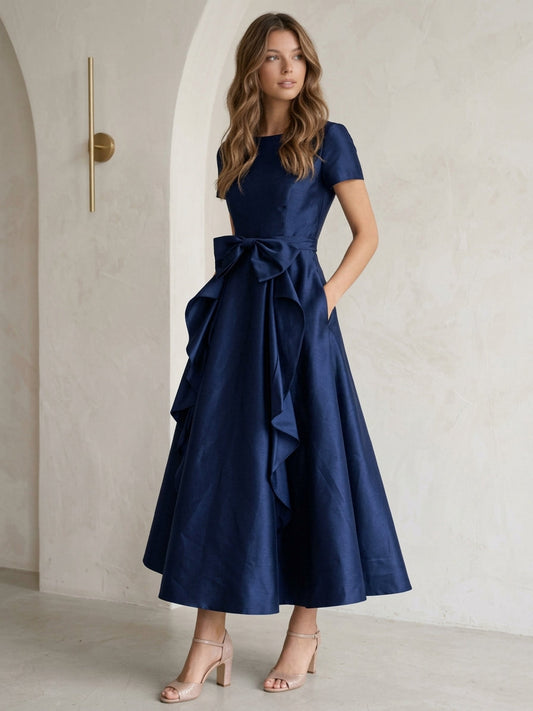 Scoop Satin Cocktail Dresses with Bowknot Short Sleeves Formal Dresses